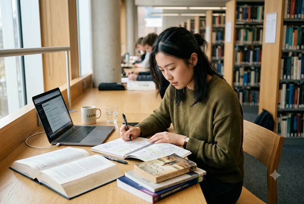 Student studying with the best books to learn English language and improve fluency