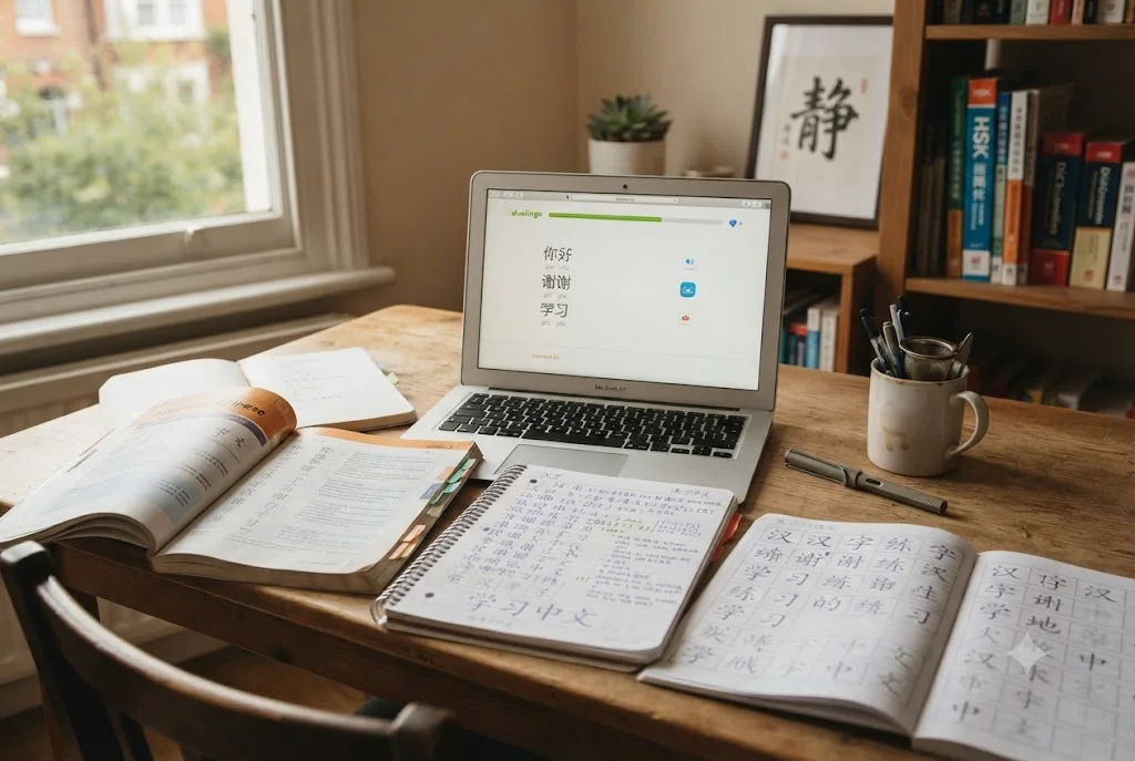 chinese language learning books on a study desk with notes and Mandarin practice materials