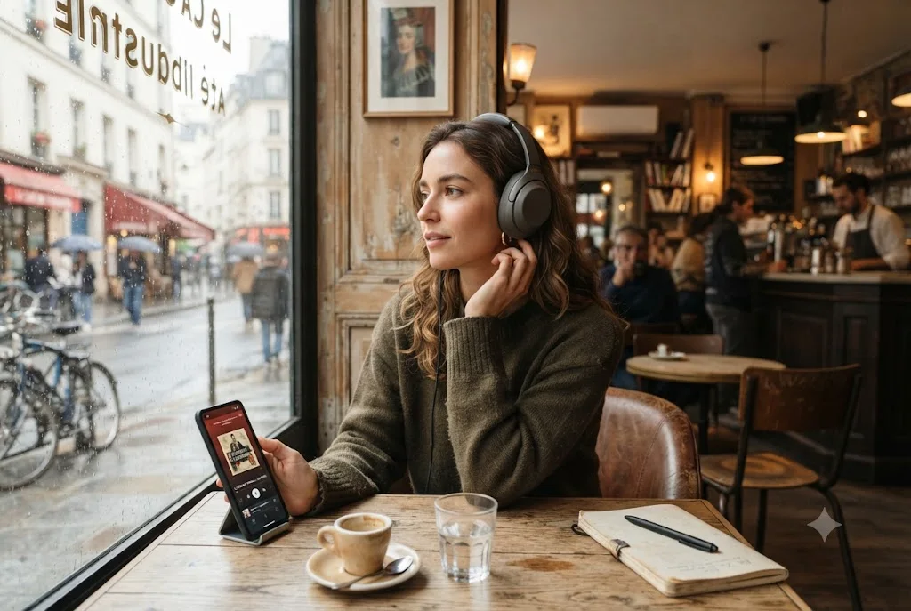 person listening to french language learning podcasts on headphones