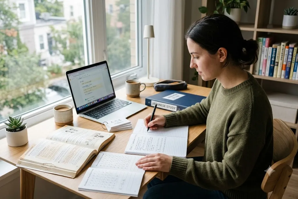 Student using japanese language learning books for beginners to study reading, writing, and vocabulary