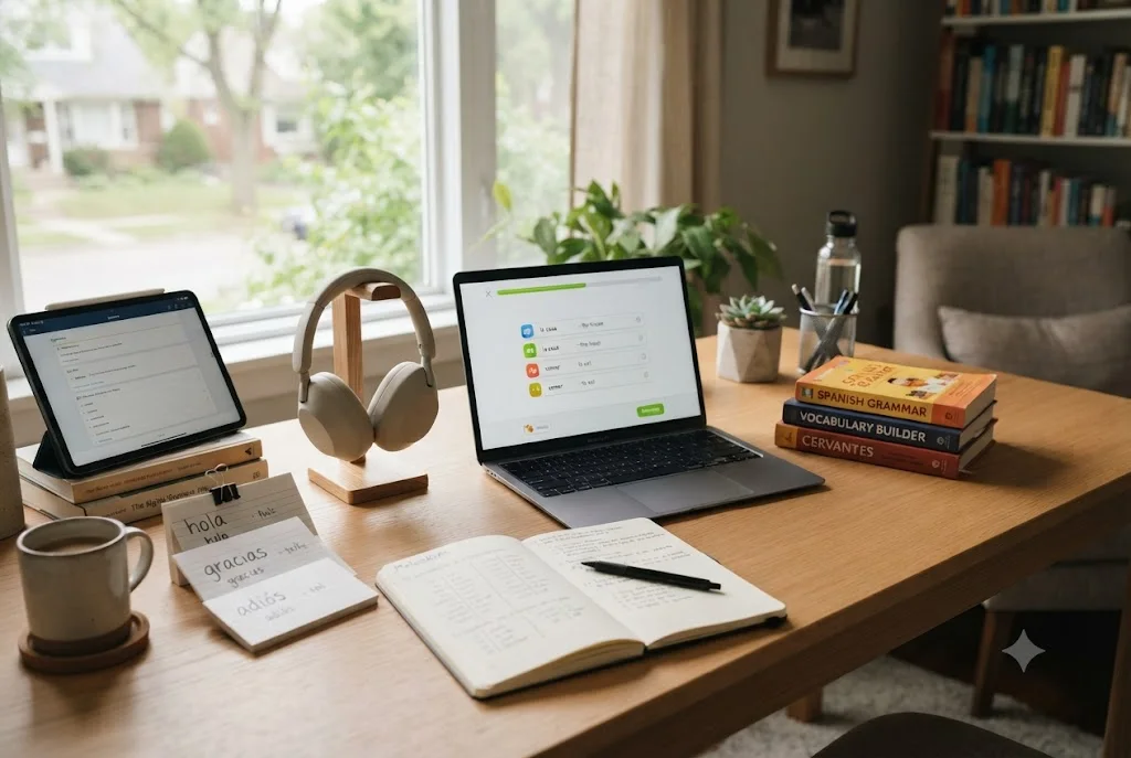 language learning materials including books apps and flashcards on a study desk