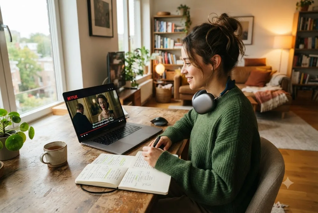 netflix language learning extension showing dual subtitles on a laptop screen
